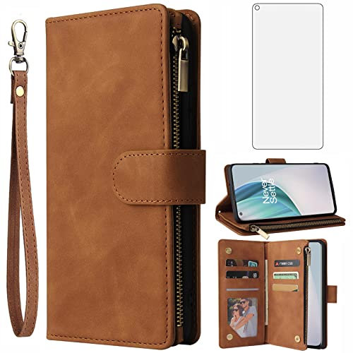 Asuwish Handyhülle für OnePlus Nord 2 5G Hülle mit Folie Schutzfolie und Kartenfach Klappbar Leder Geldbörse Ständer Reißverschluss Nord2 DN2103 Panzerfolie Handy Hüllen Schutzhülle Phone Case Braun