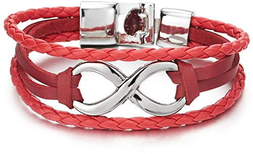 COOLSTEELANDBEYOND Tre File Infinito Amore Numero 8 Braccialetto di Amicizia, Uomo Donna Bracciali Rosso Cuoio, Fascia di Polso