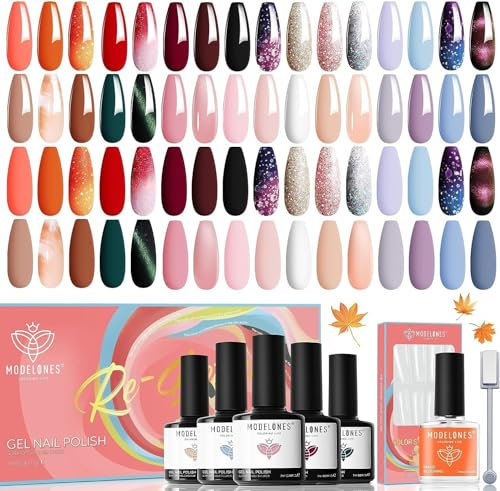 modelones 36 Pcs Gel Nail Polish Set, Vibrant Holiday Gel Polish Set 7ML Soak Off Glitter Nail Polish, with Bond Primer Matte& Glossy Top Base Coat, Home Manicure Gift for Thanks Giving Christmas Day