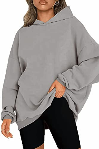 NEYOUQE Pulli Damen Pullover Winter Longsleeve Solid Color Loose Sweatshirts Fleece Gefüttert Soft Casual Damen Hoodie Grau XL 48-50