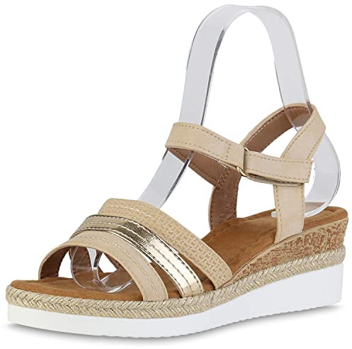 VAN HILL Damen Sandaletten Keilsandaletten Schuhe Metallic Keilabsatz Sommersandaletten Profilsohle Bast Freizeit Wedges 211948 Beige Gold Metallic 39