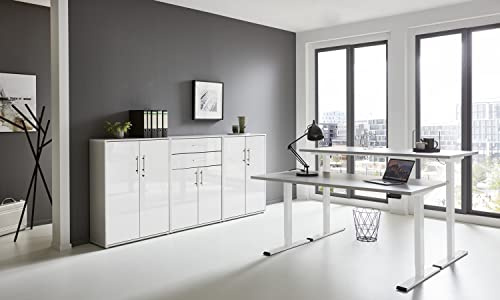 e-Office Edition Set 15 Büromöbel-Set (Gestell: Weiß, Korpus-Front: Lichtgrau/Weiß Hochglanz, Tischplatte: Lichtgrau, Abmessung Tischplatte: 160 x 80 cm)