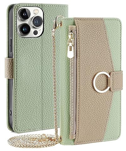 CasurvivePro Wallet Case Compatible for iPhone 15 Pro Max with Crossbody Strap, Magnetic Handbag Zipper Pocket Cases PU Leather Flip Shockproof Cover with Kickstand for iPhone 15 Pro Max Green