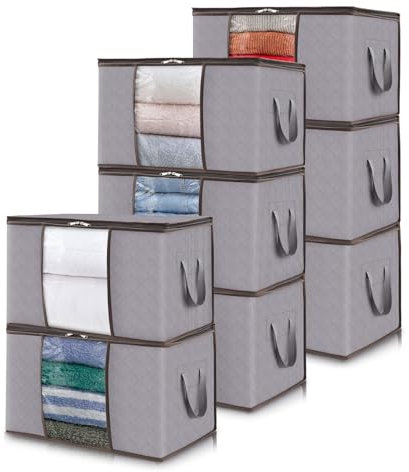 Lifewit 105L Aufbewahrungstasche, Groß Aufbewahrungsbox mit Deckel Kleiderschrank Organizer mit Umzugskartons Verstärkt Griff für Kleider Kleidung Bettdecken Bettzeug, 8 Stück, Hellgrau
