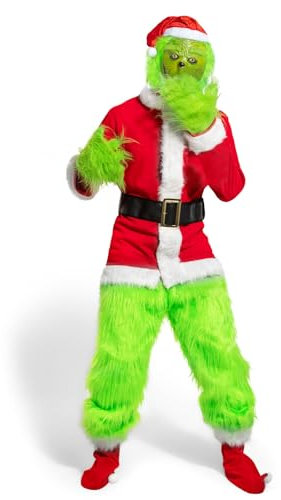 Claofoc 7 teiliges Santa Claus Kostüm Erwachsene Weihnachtsmütze Cosplay Outfit Set mit Maske Grün Großes Monster Halloween Christmas Lustige Cosplay Kostüm Requisiten