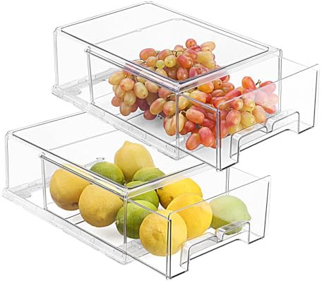 kykjaff Fridge Drawers -2 Pack Refrigerator Organizer Bins Pull Out Drawer-Stackable Storage Drawer, Clear Storage Containers for Pantry,Home Fridge Organization and Storage