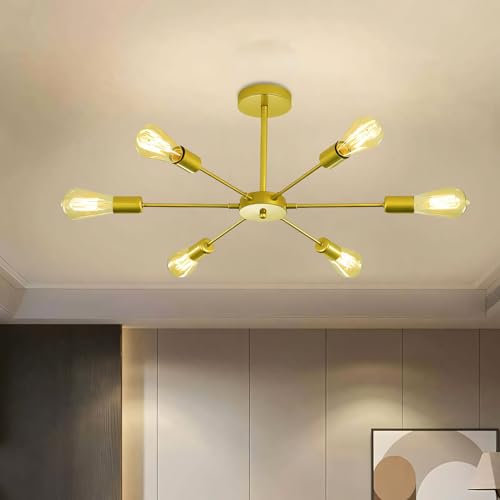 ZTWLEED Deckenleuchte Vintage Deckenlampe Gold - Retro 6 Flammig E27 Deckenleuchte Wohnzimmer Industriell Rustikal Stil Beleuchtung für Schlafzimmer Küche,Durchmesser 82 CM(Ohne Glühbirne)