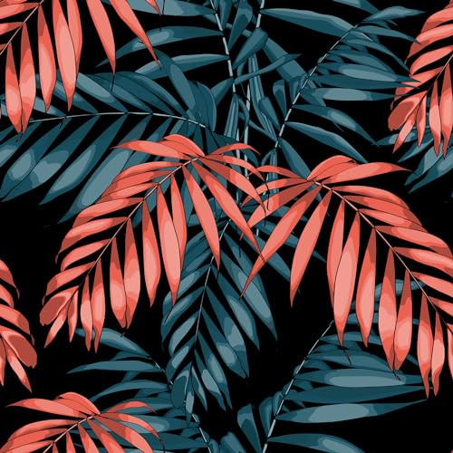 ReWallpaper 44.5cm×7m Tapete Selbstklebend Vintage Blau Blätter Tapete Schwarz Blau Rot Klebefolie Möbel Schwarz Muster Palmen Blau Fototapete Tropische Vintage