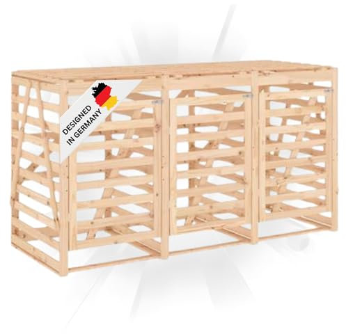 DELUKE 3er Mülltonnenbox Kiefernholz BOUMI | 240x91,5x128,5cm Natur | Mülltonnenverkleidung für 3 Tonnen Müllbox aus Holz Mülltonnenschutz Mülltonnendach