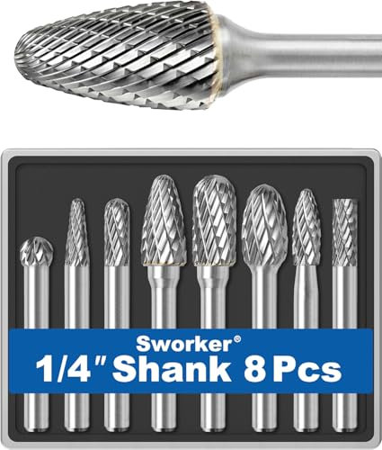 Carbide Burr Set 1/4 Shank 8PCS w/Wood Base Die Grinder Bits Rotary Rasp File Kits Accessories Attachments for Metal Welds Concrete Stone Wood Steel Plastic Carve Deburr Grind Engrave Polish