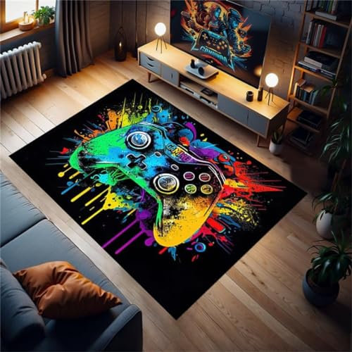 Spiele Bereich Teppiche Teenager Schlafzimmer, Hip Hop Graffiti Neon Gamer Controller Teppich Für Wohnzimmer, Spiel Gamepad Bodenmatte Jungen Mädchen Kinder Anti Rutsch (Blau,160x200cm/63x79in)