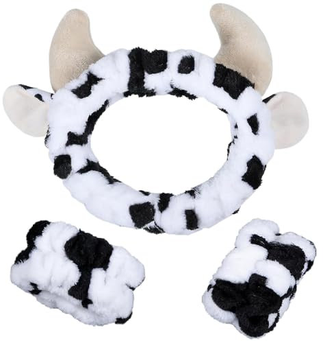 Wzhtuzi Haarband Schminken Plüsch, abschmink haarband, Plüsch Cow haarband schminken, haarband kosmetik mit Handgelenk Waschband, haarband abschminken zum Abschminken Dusche Spa