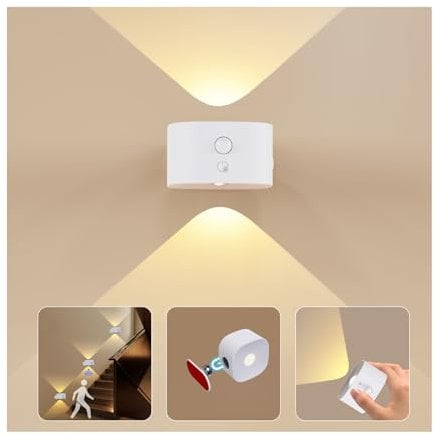 Motion Sensor LED Wall Light, Rechargeable Battery, 3 Brightness Levels, Touch Control, 360° Rotating Indoor Wall Lamp, Wireless Lights for Living Room, Bedroom, Hallways, Stair, Galleries