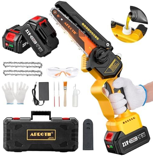 Mini Motosega con Batteria 8000mAh, APROTII 6 Pollici Motosega a Una Mano con Oliatore Automatico e Tensionamento Della Catena Senza Attrezzi, Batteria per Motosega 21V per Giardino, Rami e Legno