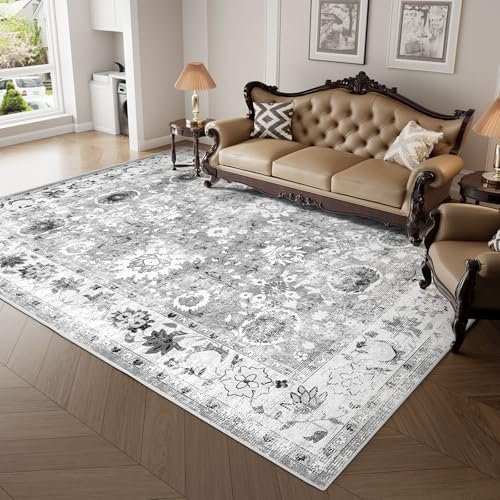 IKALIFE Teppich Wohnzimmer Vintage Waschbar - Teppich Kurzflor Waschbarer Teppich Esszimmer Teppich Groß Wohnzimmerteppich Teppich Schlafzimmer Super Weich rutschfest Flauschig 160x230 cm Grau