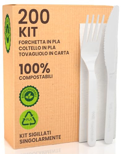 Set Ecologico Posate in Bioplastica Super Resistente [200 pezzi] - Compostabili e Biodegradabili - Forchetta Coltello e Tovagliolo - Ideali per Eventi e Feste
