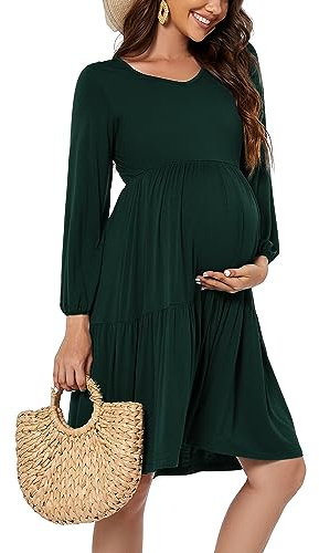 Smallshow Women's Maternity Dress Long Sleeve Ruffle Pregnancy Clothes Deep Green S