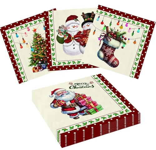 Weihnachten Servietten, Wentsent 80Stück Weihnachtsservietten mit Weihnachtsbaum Weihnachtsmann Schneemänner Motiv, Weihnachtliche Tischdeko, Einweg Winter Papierservietten für Weihnachten Silvester