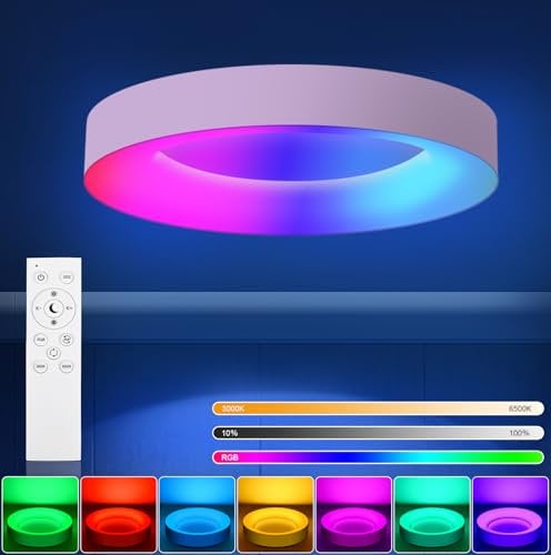 RDGOOD 24W RGB LED Deckenleuchte Dimmbar mit Fernbedienung, 2400LM LED Deckenlampen Dimmbar 3000K-6500K, RGB Farbwechsel Bunt Beleuchtung für Kinderzimmer Schlafzimmer Wohnzimmer Küche φ28cm