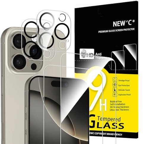 NEW'C Kit de 4, 2 x Verre Trempé pour iPhone 16 Pro (6,3 Pouces) et 2 x Protection Caméra Arrière - Anti Rayures - sans Bulles d'air -Ultra Résistant - Dureté 9H Glass