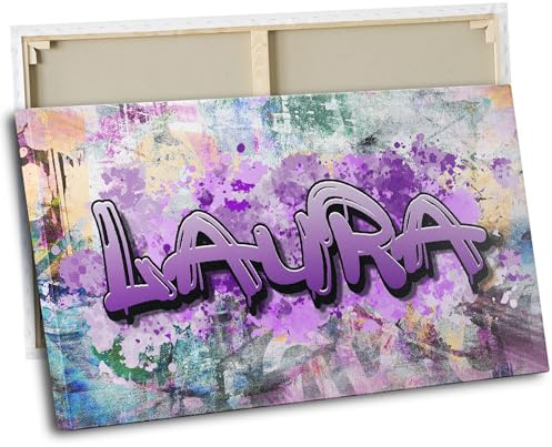 timalo® Kinderzimmer Leinwandbilder personalisiert mit Namen | Bild auf Leinwand Kinder Bilder für die Wand Wandbild xxl Bild fürs Teenager Mädchenzimmer | 60 x 40 cm Graffiti Schrift lila