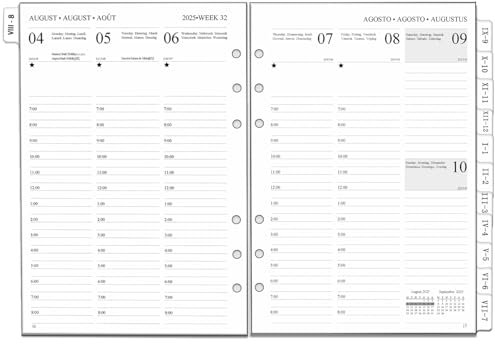 2025 2026 Wochenplaner Einlage A5 6 Löcher, Vertikaler Terminplaner 1 Woche 2 Seiten mit Monatsübersicht, Extra Notizen Kontakt, von Aug.25 bis Jul.26, 100 gsm, Kalendereinlage 2025/26