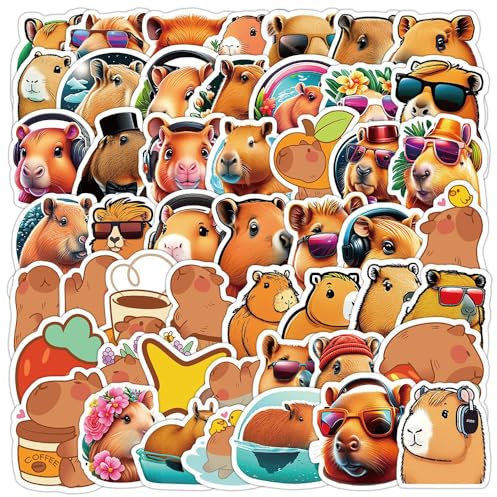 Lovely Cute Capybara Stickers for Kids Teens Funny Durable Capybara Decals for Laptop Water Bottle Pencil Box Hydra Flask Bike Car Bumper Cool Cartoon Animal Gift Sticker-Pack 50Pcs