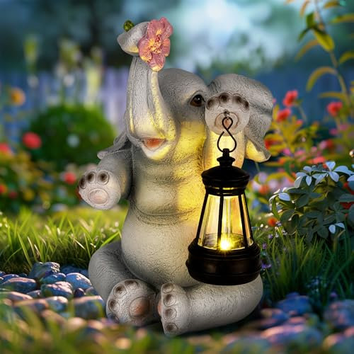 GIGALUMI Statue solari da giardino grigio scuro elefante statuetta luci per esterni, cortile, decorazione da giardino regalo per mamma, per donne, elefante decorazione per patio