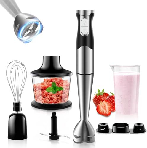 Batidora de Mano 1200W Multifunciónr 6 en 1 con Velocidades Ajustables y Función TURBO Acero Inoxidable con Batidor, Picadora, Vaso Medidor y Más, Ideal para Sopas, Salsas y Alimentos para Bebés