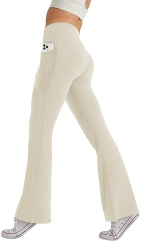 Glacspyg Damen Hose mit Taschen Yogahose Freizeit Jogginghose High Waist Sporthose Elastische Weite Bootcut Jazzpants