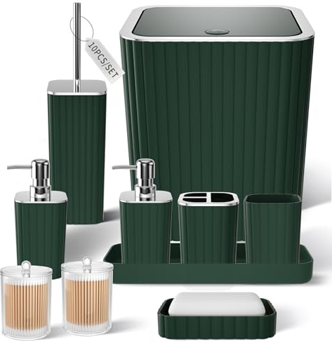 XLHOMO Badezimmer-Zubehör-Set – wunderschönes grünes Badezimmer-Set, 10-teiliges grünes Badezimmer-Zubehör-Set, Badezimmer-Sets mit WC-Bürste, Badezimmer-Mülleimer