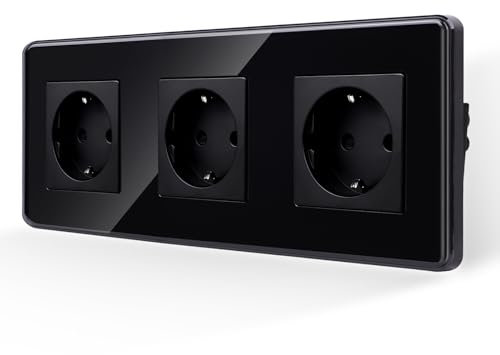 JIMEIDA 3 enchufes Schuko, placa de vidrio curvada 2,5D, 16 A, enchufe empotrado, protección contra contactos, 228 x 86 mm, 250 V