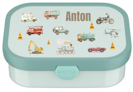 Mepal Brotzeitdose personalisiert, Brotdose Kinder mit Fächern, Lunch Box mit Name BPA-frei auslaufsicher, Bento Box Set mit buntem Aufdruck Fahrzeuge (mint)