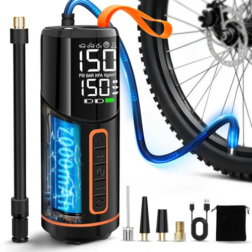 Dictien 7000mAh Compresor Aire Portatil, 150PSI Inflador Electrico Bicicleta,Inflador Ruedas Coche con pantalla LED digital e iluminación LED, Hinchador Electrico para Bicicleta, Coche y Moto