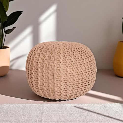 CASVO Handmade Large Knitted Pouffe Ottoman 100% Cotton Chunky Couffes for Living Room Versatile for Foot Rest Extra Seating & Home Decor 50cm Foot Stool (Tan)