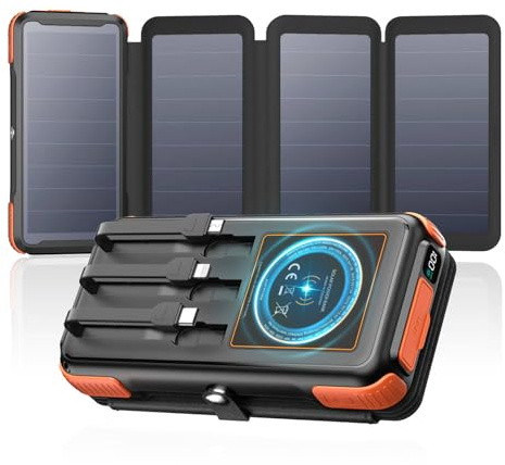 A ADDTOP Solar Power Bank 25000mAh - Wireless PowerBank mit 3 Integrierten Kabelns - 20W Schnellladefunktion Ladegerät Solar mit 4 Panels - USB C Externe Handyakkus für Outdoor Camping