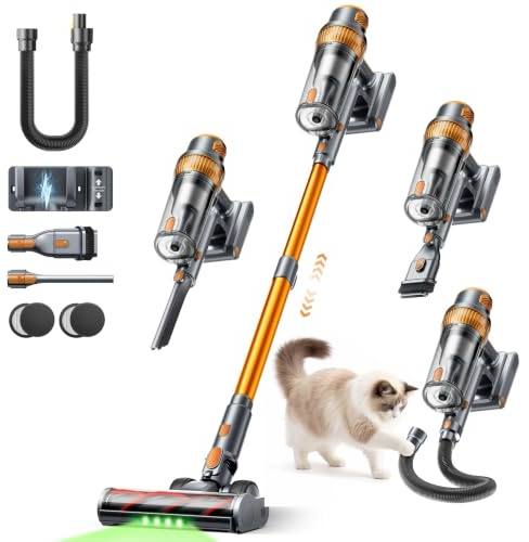 55KPA/650W Aspiradora sin Cable Potente, 70Min(ECO) Aspirador Escoba Vertical con Modo Automático, Cepillo Anti-Enredo, Manguera de 1M y Luz LED, Ideal para Pelo de Mascotas, Alfombras y Coche