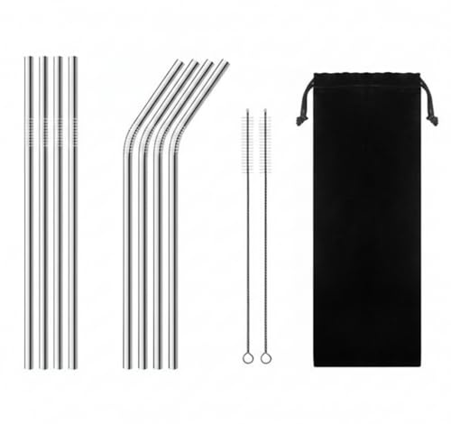 8 Pack Stainless Steel Reusable Drinking Straws with 2 Cleaning Brushes – Metal Straws for Smoothies, Milkshakes, Coffee, Cocktails & Hot Drinks – Dishwasher Safe (Large, 8, Count)