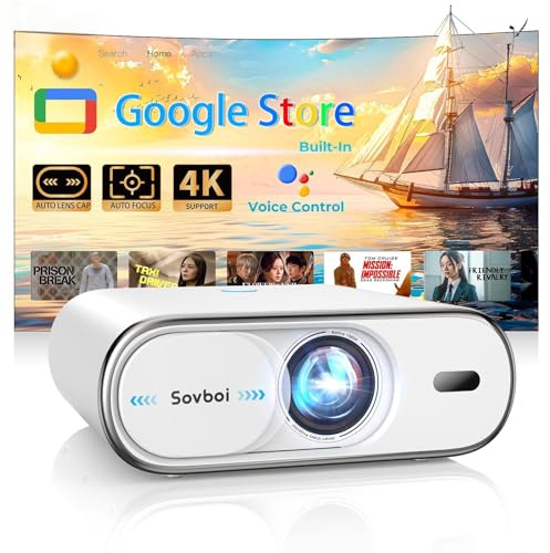 4K Projector with Google TV:3000 Brightness/Auto Lens Cap & 4D Keystone/Auto Focus & AI Voice Control, Sovboi Portable Outdoor Projector with WiFi & Bluetooth, Smart Movie Proyector for Streaming Apps