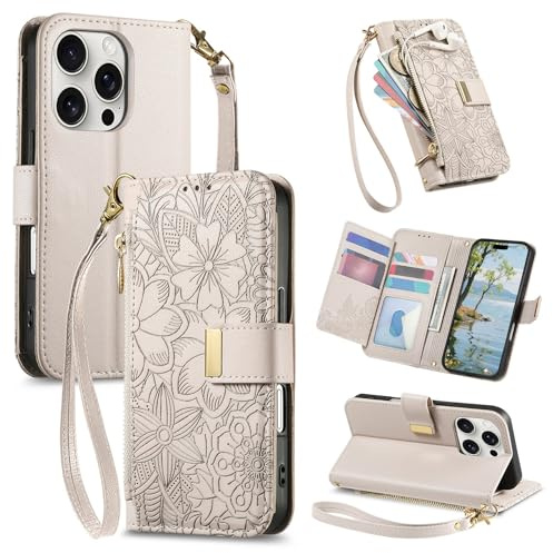 VEEMOS Phone Case for Apple iPhone 14 Pro Max Case with Zip Wallet Purse Card Holder Slot Embossed Flower Design Folding Flip Cover Leather Stand Lanyard Wrist Strap Women - Grey