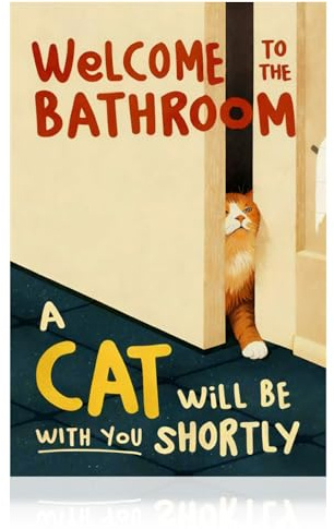 Pralen Funny Cat Bathroom Wall Art, Canvas Toilet Decor with Welcome to the Bathroom, A Cat Will Be With You Shortly, Humorous Animal Print, 12×8 Inch Framed