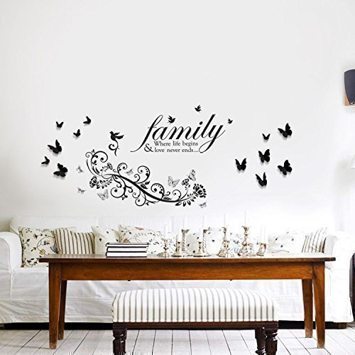 Walplus Wall Stickers Family Birds Quote Small Butterfly Vine Removable Self-Adhesive Mural Art Decals Vinyl Home Decoration DIY Living Bedroom Office Décor Wallpaper Kids Room Gift, Multi-Colour