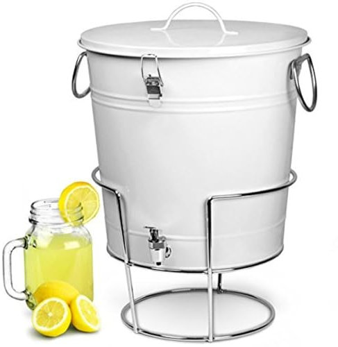 White Enamel Bucket Large Drinks Dispenser with Stand 17.5ltr