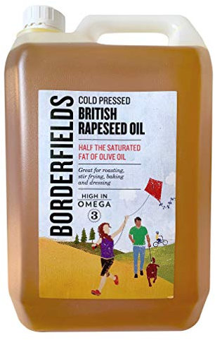 Borderfields Natural Cold Pressed British Rapeseed Oil High in Omega 3. Use for Roasting Frying Baking drizzling and dressing Gluten free and vegan friendly Large 5 Litre catering pack