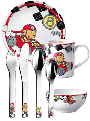 Puresigns Kindergeschirr Set 7-teilig QUICK, Keramik Geschirr & Edelstahl Besteck für kleine Helden - kindgerecht & spülmaschinenfest Fantasievolles Besteck