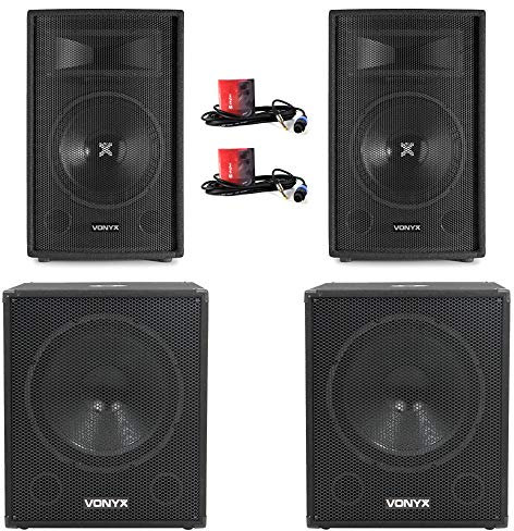 VONYX Complete DJ PA System with Dual 12 Passive Speakers, Pair 18 Active Subwoofers, Amplifier & Cables - 3200W Mobile Disco Sound System Package