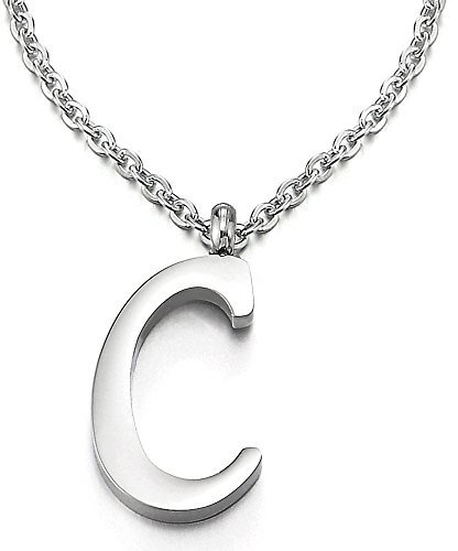 COOLSTEELANDBEYOND Name Initiale Alphabet Buchstaben A bis Z Anhänger Edelstah Halskette für Damen Herren mit 50cm Stahl Seil-Kette - C
