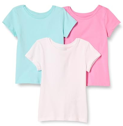 Amazon Essentials Camisetas de manga corta para niña (antes Spotted Zebra), paquete de 3, azul aguamarina, rosa/blanco, 2 años