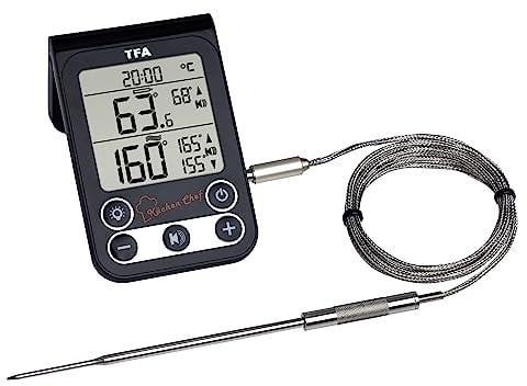 TFA Dostmann Küchen-Chef Digitales Grillthermometer/Bratenthermometer, Kontrolle der Kerntemperatur und Garraumtemperatur, mit Knickschutz und Alarmton, Schwarz, L 64 x B 20 (96) x H 99 (61) mm
