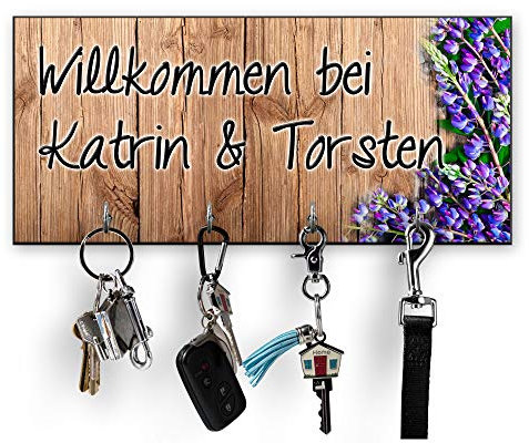 Unikatolo Schlüsselbrett mit Name, Flieder, Wandhaken, Wanddeko, Küche, Flur, Geschenkidee Valentinstag, Hochzeit, Einzug, Hausbau, Bauherr, MDF Holzoptik